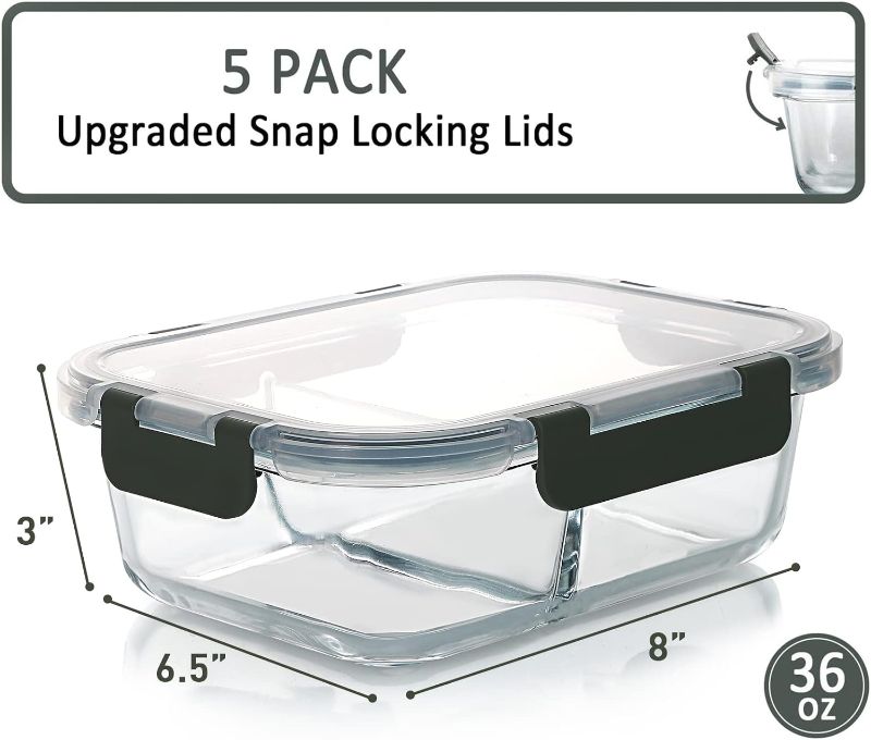 Photo 1 of [5-Pack,36 Oz]Glass Meal Prep Containers 2 Compartments Portion Control with Upgraded Snap Locking Lids Glass Food Storage Containers, Microwave, Oven, Freezer and Dishwasher (4.5 Cups) Gray