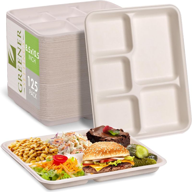 Photo 1 of 100% Compostable Paper Plate 125-Pack 5-Compartment Bagasse School Lunch Tray, Heavy Duty Quality Disposable Tray, Eco-Friendly Made of Sugar Cane Fibers 5-Sectional Tray -- 125 Pack