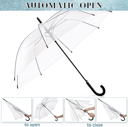 Photo 1 of 3 Packs Wedding Clear Umbrella Auto Open Wedding Stick Umbrellas Women Canopy Umbrella J Hook Handle Transparent Umbrellas Windproof Rain Umbrellas Bulk for Outdoor Wedding Bride Groom