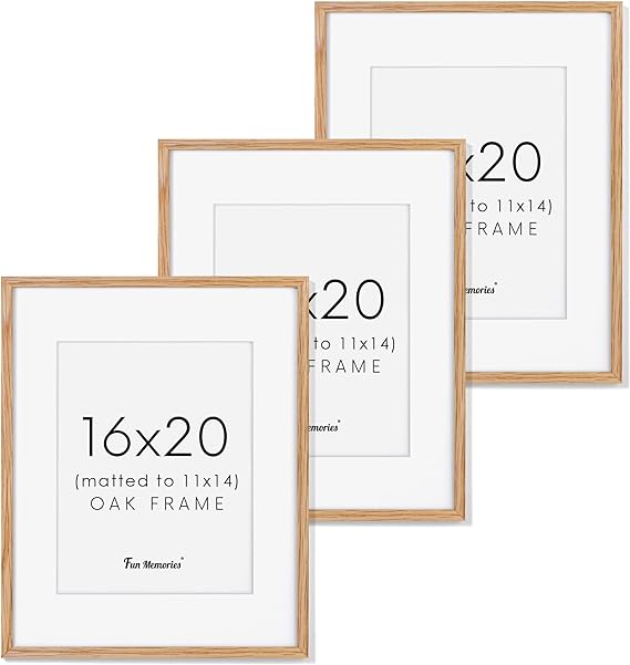 Photo 1 of 16x20 Picture Frame for Wall, Solid Oak Wood 16x20 Frame Matted to 11x14, 16"x20" Poster Frames with Real Glass, Natural Wood 20 x 16 Frames Art Frames for Wall Decor, 3 Pack