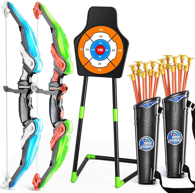 Photo 1 of 2 Pack Bow and Arrow for Kids -Light Up Archery Toy Set -Includes 2 Bows, 20 Suction Cup Arrows & 2 Quivers & Standing Target, Outdoor Toys for Kids Boys Girls Green and Blue