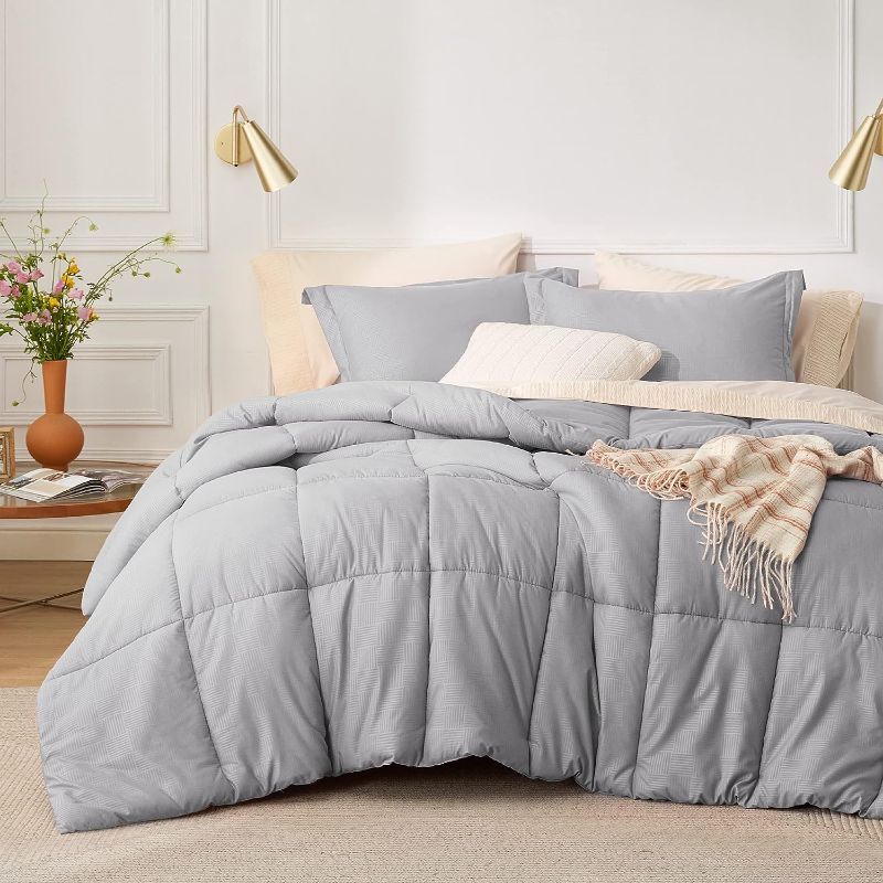 Photo 1 of Bedsure Grey Queen Comforter Set - Gray Basket Weave Pattern Down Alternative Comforter Set Box Stitching Duvet Insert, Lightweight All Season Bedding Set with 2 Pillow Shams