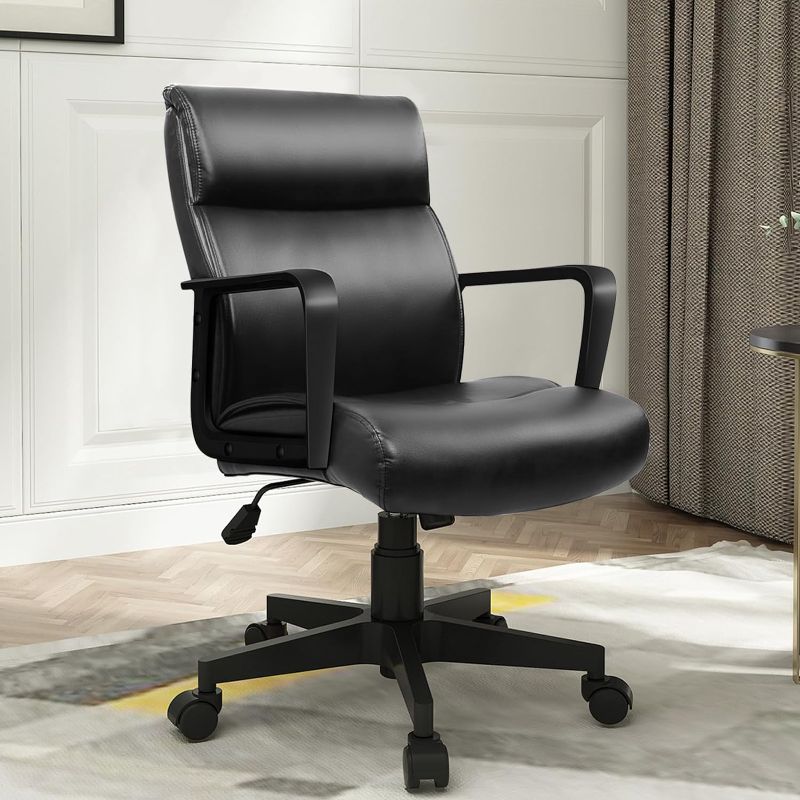 Photo 1 of Black Leather Office Chair Mid Back Leather Desk Chair Modern Excutive Office Chair with Arms and Wheels for Home Office, by Artswish
