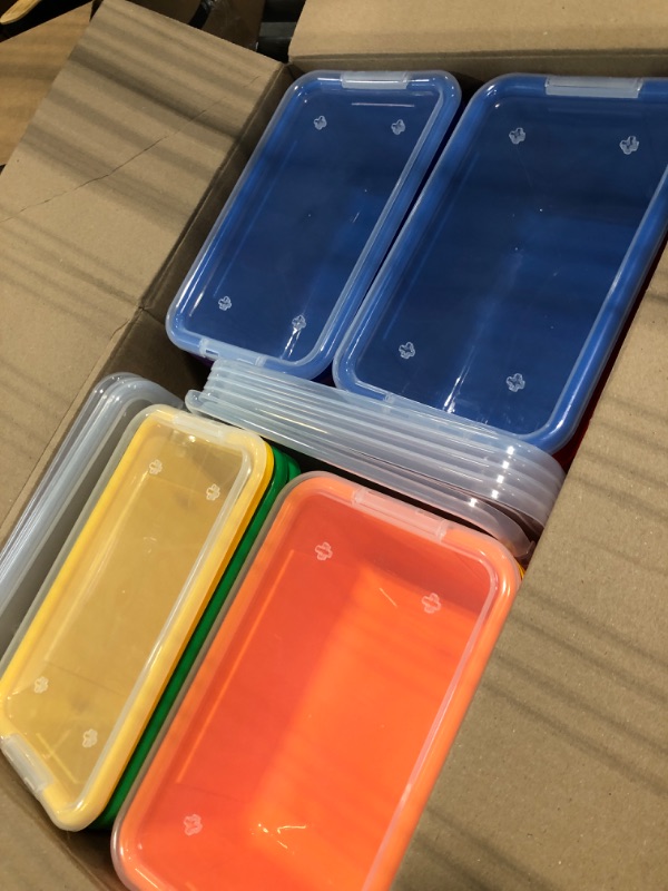 Photo 3 of Small Cubby Bins – Plastic Storage Containers for Classroom with Non-Snap Lid, 12.2 x 7.8 x 5.1 inches, Assorted Colors, 12-Pack  Assorted Primary 12.2" x 7.8" x 1" Bin with Lid