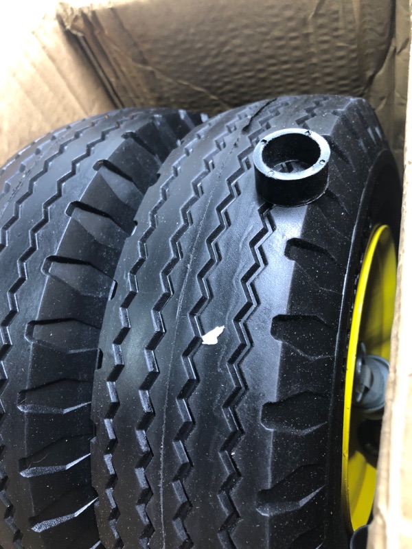 Photo 1 of MaxAuto 2 Pcs 4.10/3.50-6" Flat Free Tire, Hand Truck/All Purpose Utility Tire on Wheel, 3" Centered Hub, 3/4" Bearings, Yellow Steel