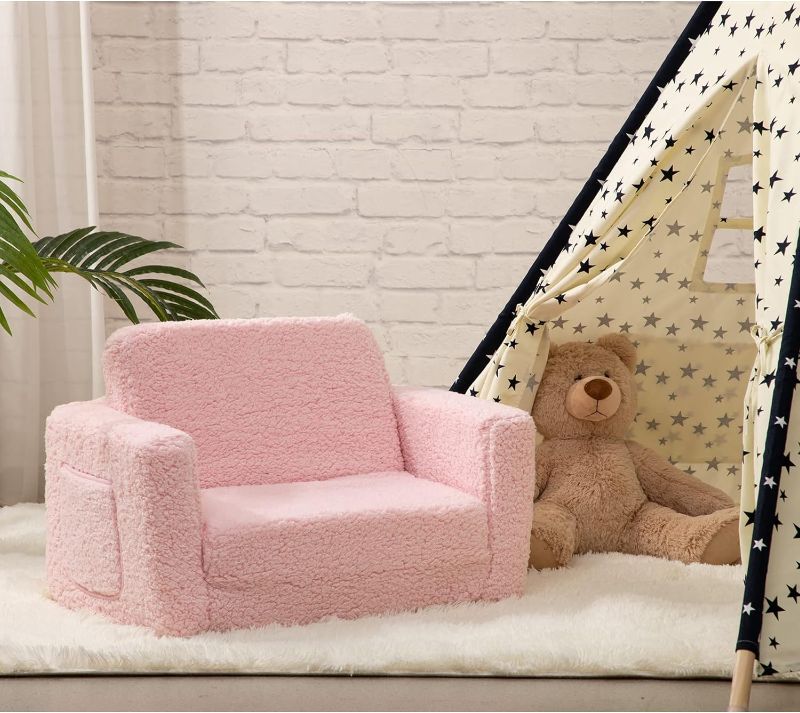 Photo 1 of ALIMORDEN 2-in-1 Flip Out Cuddly Sherpa Toddler Couch Convertible Sofa to Lounger, Pink