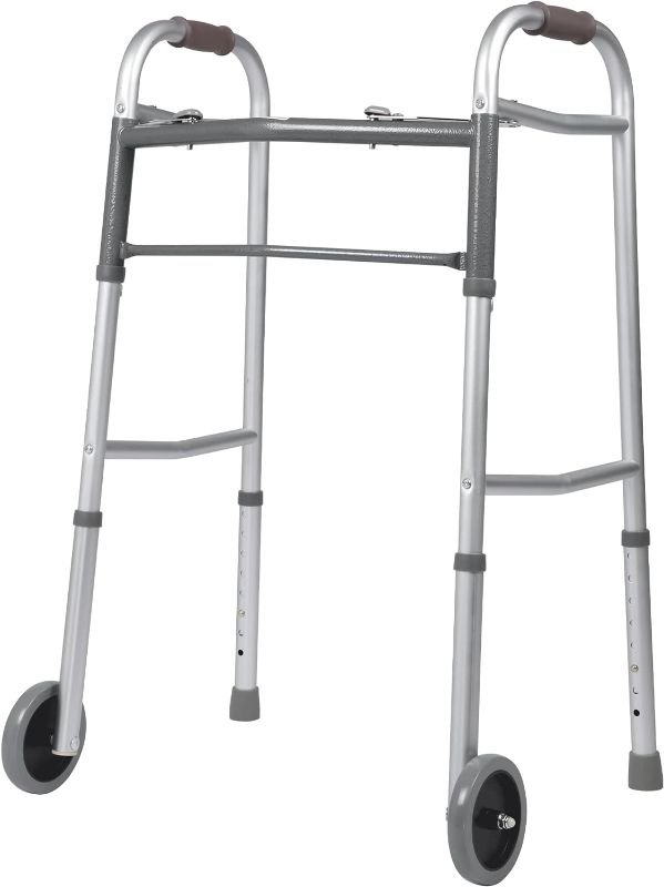 Photo 1 of Folding Walker for Seniors & Adults w/Trigger Release, Adjustable Height Walker w/ 5'' Front Wheels, Lightweight Aluminum Walking Aids, Holds up to 300LBS