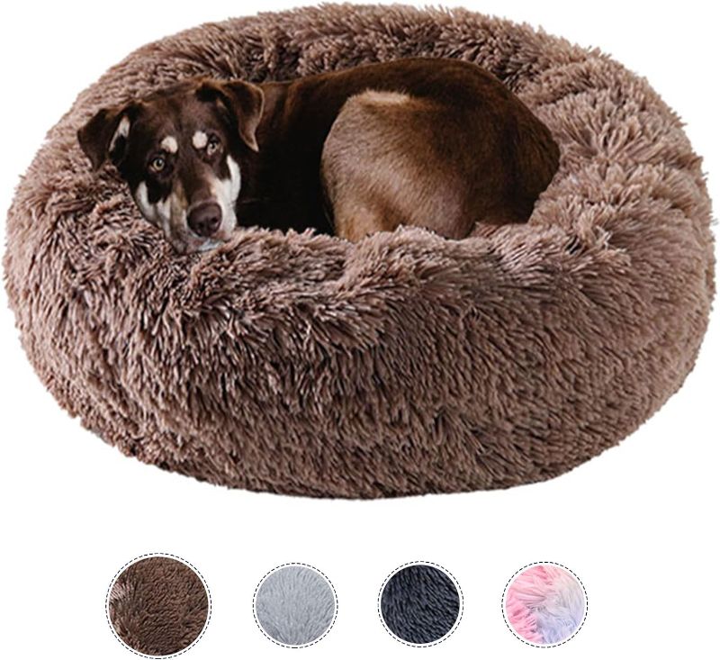 Photo 1 of  Dog Bed Calming Dog Beds for Small Medium Large Dogs - Round Donut Washable Dog Bed, Anti-Slip Faux Fur Fluffy Donut Cuddler Anxiety Cat Bed(30")