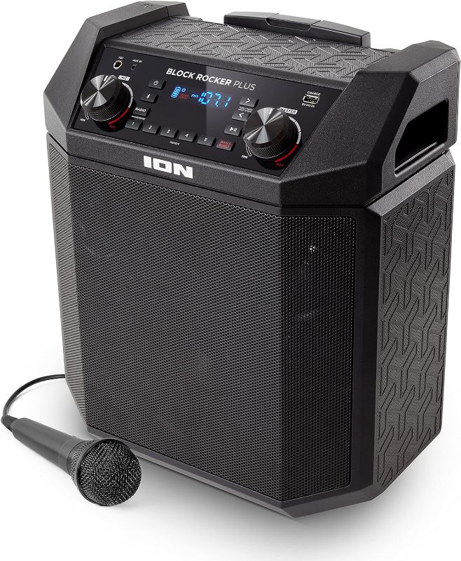 Photo 1 of ION Block Rocker Plus - 100W Bluetooth Outdoor Speaker with Rechargeable Battery, Karaoke Microphone, Radio, Wheels, Telescopic Handle & USB Charging