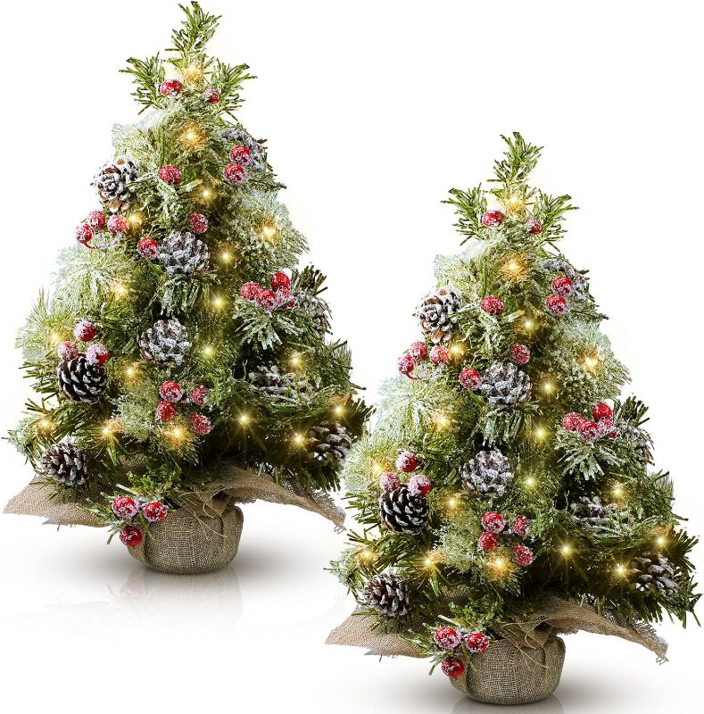 Photo 1 of Liliful 2 Pcs 18 Inch Artificial Mini Christmas Tree Tabletop Decor with LED Lights Snow Pine Cone Berry Branches Lighted Small Christmas Tree Thick Christmas Tree for Table Outdoor Decor