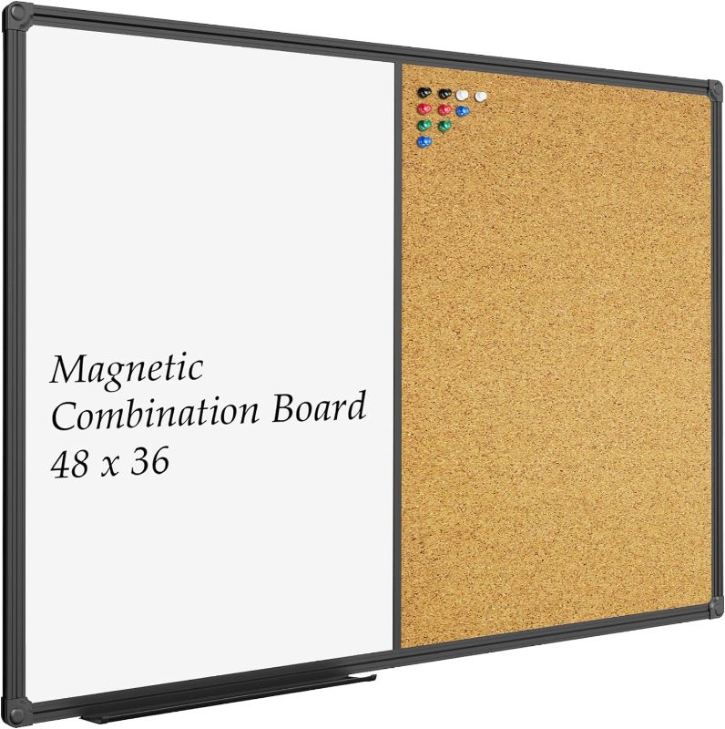 Photo 1 of JILoffice White Board & Bulletin Corkboard Combination, Combo Board 48 x 36 Magnetic Whiteboard, Black Aluminum Frame Wall Mounted Board for Office Home and School with 10 Push Pins
