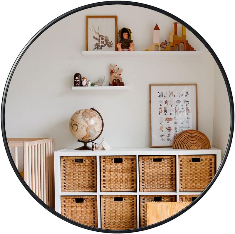 Photo 1 of 42 Inch Large Round Mirror Oversized Modern Brushed Metal Frame Mirror Black Circular Mirror Vanity Mirror for Wall Decorative Mirror for Entryway Living Room, Bathroom and Bedroom
