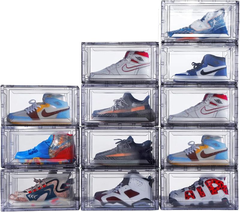 Photo 1 of 12 Pack Acrylic Clear Shoe Boxes– Ultra Clear Plastic Stackable Sneaker Storage For Sneakerhead. Professional Grade Shoe Display Case with Magnetic Door .Boots and Hat Organizer.Fits US Size 15
