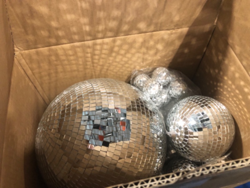 Photo 3 of 40 Pack Mirror Disco Ball in Variety Silver Hanging Glass Mirror Ball Light Ball with String Disco Hanging Ornament for Club Stage Bar Birthday 70s Party Decoration (12/ 6 / 3/ 2/ 1.2 Inch)