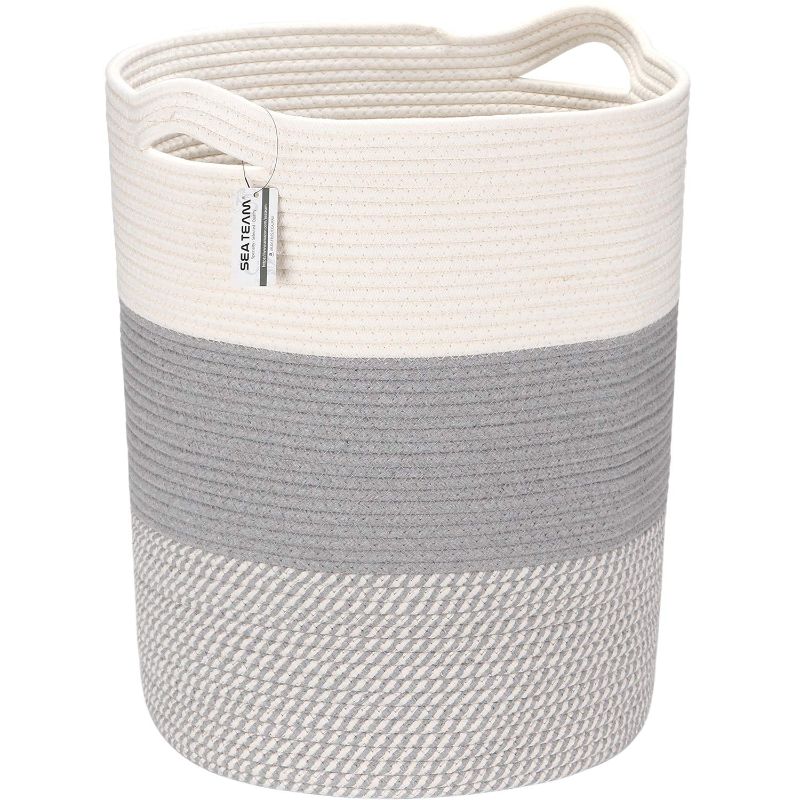 Photo 1 of Sea Team Large Size Cotton Rope Woven Storage Basket with Handles, Laundry Hamper, Fabric Bucket, Drum, Clothes Toys Organizer for Kid's Room, 20 x 14 inches, Round Open Design, White & Grey