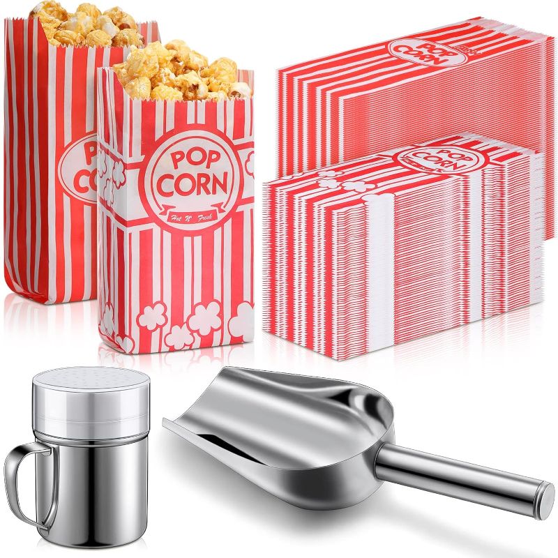 Photo 1 of 602 Pcs Popcorn Maker Supplies Set Includes 600 Popcorn Paper Bags 1 oz Popcorn Individual Bags 1 Popcorn Scoops 1 Popcorn Seasoning Dredge Shaker with Handle for Home Kitchen Movie Party Use