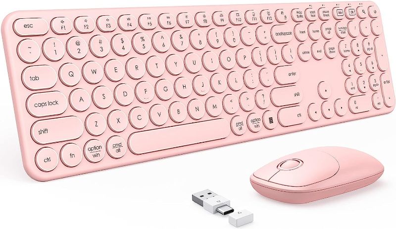 Photo 1 of Pink Wireless Keyboard and Mouse with USB and Type C Receiver, PEIOUS Cute Wireless Keyboard Mouse Combo, Round Key USB
