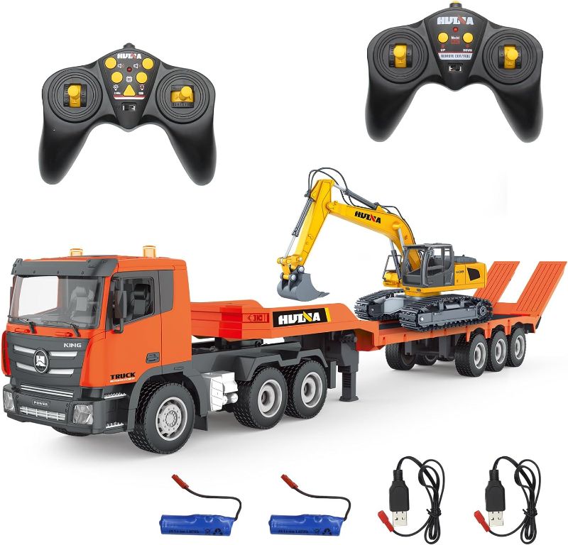 Photo 1 of Fistone RC Semi Truck & Excavator Toy Set, 2.4Ghz Remote Control Flatbed Truck with Excavator Toys, 1:24 RC Semi-Trailer Engineering Tractor with Sound and Lights, Construction Vehicles Toy for Boys