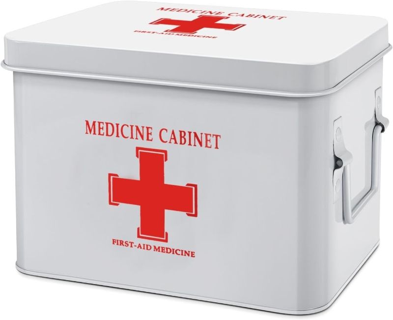 Photo 1 of ***MINOR DENT*** 

Flexzion First Aid Box Organizer, Empty 8.5 Inch White Vintage First Aid Kit Tin Metal Medical Box First Aid Storage Box Container Bins with Dividers, Removable Tray and Cross Logo