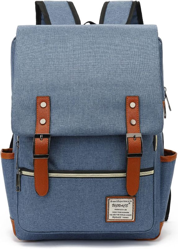 Photo 1 of UGRACE Vintage Laptop Backpack with USB Charging Port, Elegant Water Resistant Travelling Backpack Casual Daypacks College Shoulder Bag for Men Women, Fits up to 15.6Inch Laptop in Blue