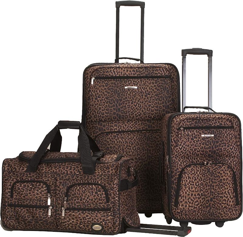 Photo 1 of Rockland Vara Softside 3-Piece Upright Luggage Set, Expandable,Lightweight,Telescopic Handle,Wheel, Leopard, (20/22/28)