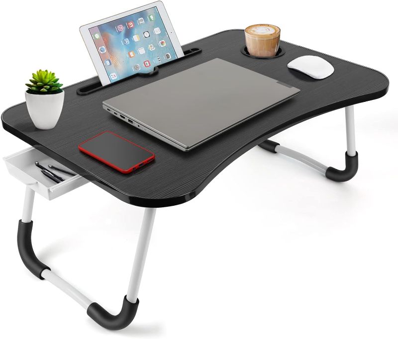 Photo 1 of Lap Desk Foldable Bed Table Portable Multi-Function Laptop Bed Desk with Storage Drawer and Cup Holder, Notebook Stand Breakfast Bed Tray for Sofa, Bed, Terrace, Balcony, Garden