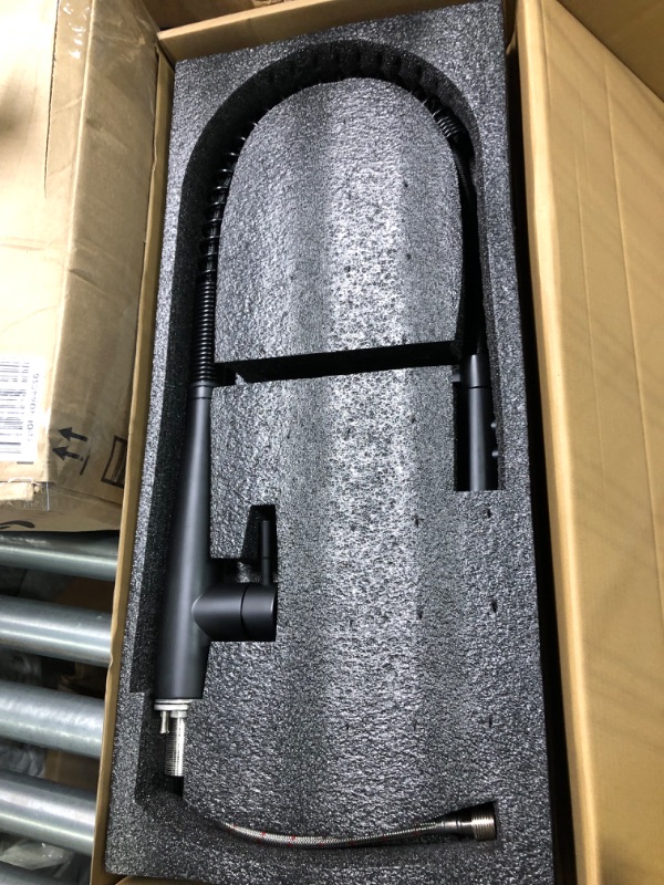 Photo 1 of OYMOV RV Kitchen Faucet w/Pull Down Sprayer - Single Handle High Arc Spring Kitchen Sink Faucet for 1 or 3 Hole, RVs, Fifth Wheels, Motor Homes, Travel Trailers, Campers, Boats, Matte Black