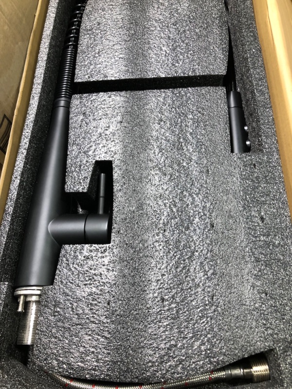 Photo 1 of OYMOV RV Kitchen Faucet w/Pull Down Sprayer - Single Handle High Arc Spring Kitchen Sink Faucet for 1 or 3 Hole, RVs, Fifth Wheels, Motor Homes, Travel Trailers, Campers, Boats, Matte Black