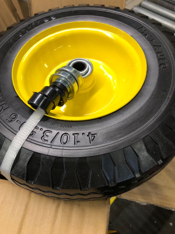 Photo 3 of MaxAuto 2 Pcs 4.10/3.50-6" Flat Free Tire, Hand Truck/All Purpose Utility Tire on Wheel, 3" Centered Hub, 3/4" Bearings, Yellow Steel