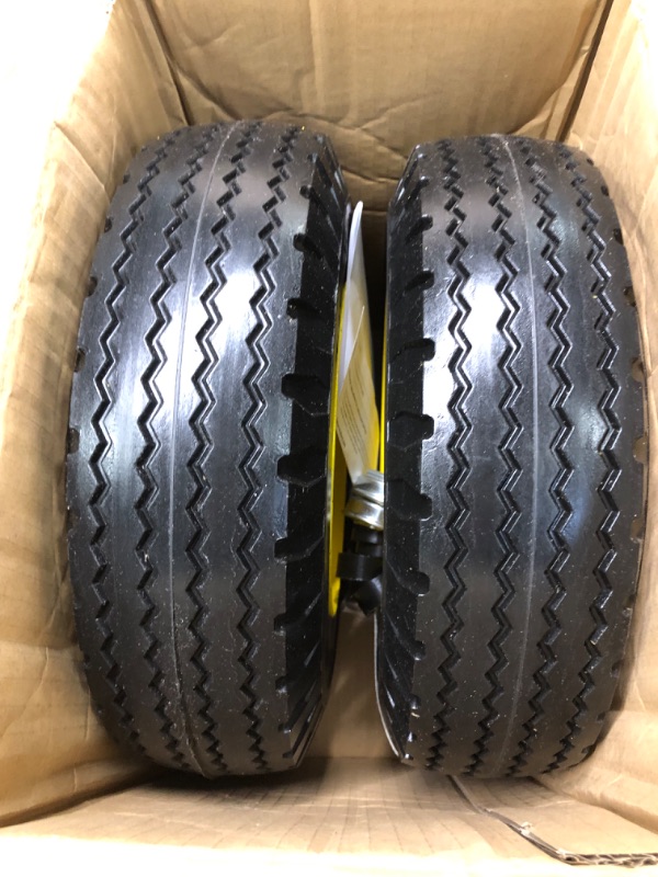 Photo 4 of MaxAuto 2 Pcs 4.10/3.50-6" Flat Free Tire, Hand Truck/All Purpose Utility Tire on Wheel, 3" Centered Hub, 3/4" Bearings, Yellow Steel