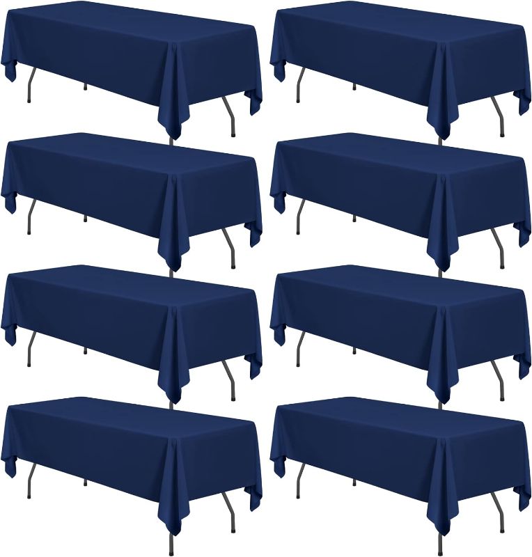 Photo 1 of 8 Pack Navy Blue Tablecloths for 8 Foot Rectangle Tables 60 x 126 Inch - 8ft Rectangular Bulk Linen Polyester Fabric Washable Long Clothes for Wedding Reception Banquet Party Buffet Restaurant Navy Blue 60x126 In, 8 Pack