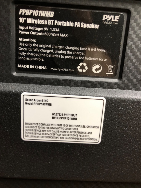 Photo 7 of Pyle Portable Bluetooth PA Speaker System-600W 10” Indoor/Outdoor BT Speaker-Includes 2 Wireless Microphones, Party Lights, USB SD Card Reader, FM Radio, Rolling Wheels-Remote Control PPHP101WMB