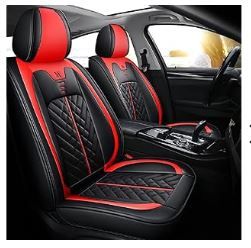 Photo 1 of Cartoon Cat Car Seat Covers Luxury PU Leather Universal Auto Front & Rear Seat Protector Sedan SUV 5 Seats Full Set Universal Fit (black and red)