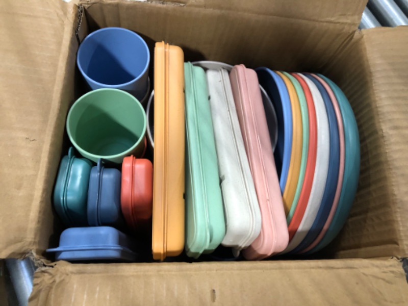 Photo 3 of 56 Pieces Wheat Straw Dinnerware Set Unbreakable Plastic Plate and Bowl Dishes for Kids Travel Picnic Camping Dishes Colorful Dinner Plates Dishwasher Microwave Safe Reusable Lightweight Tableware