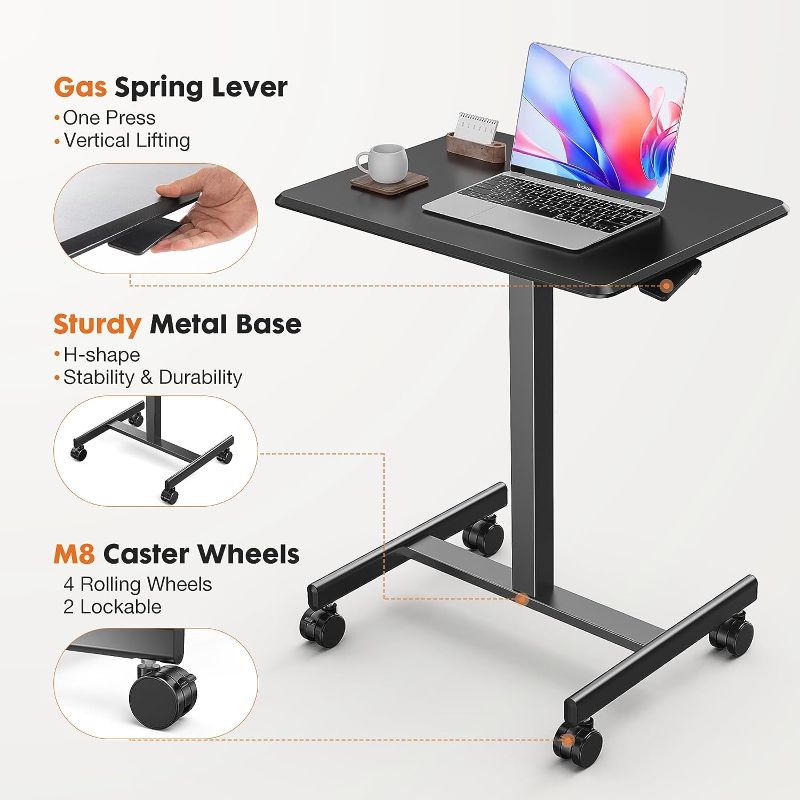 Photo 1 of Sweetcrispy Mobile Small Stading Desk - Sit Stand Desk, Portable Rolling Laptop Desk with Lockable Wheels, Computer Workstations, Adjustable Height, Black