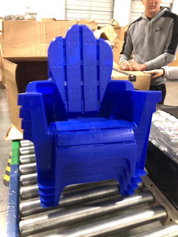 Photo 1 of American Plastic Toys Kids’ Adirondack Chairs (Pack of 4), Blue, Outdoor, Indoor, Beach, Backyard, Lawn, Stackable, Lightweight, Portable, Wide Armrests, Comfortable Lounge Chairs for Children Blue (4pk)