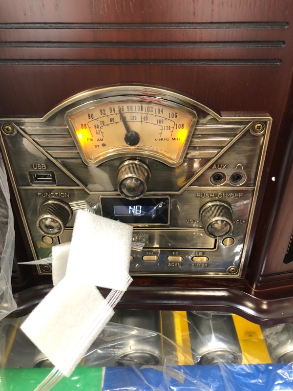 Photo 1 of ClearClick All-in-One Turntable with 3-Speed Record Player, Bluetooth, CD, Cassette Tape, AM/FM Radio, Aux, USB, Built-in Speakers, Handmade Wooden Exterior