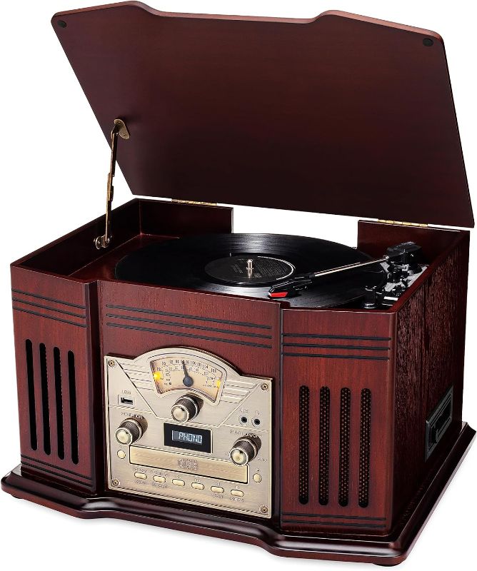 Photo 1 of ClearClick All-in-One Turntable with 3-Speed Record Player, Bluetooth, CD, Cassette Tape, AM/FM Radio, Aux, USB, Built-in Speakers, Handmade Wooden Exterior