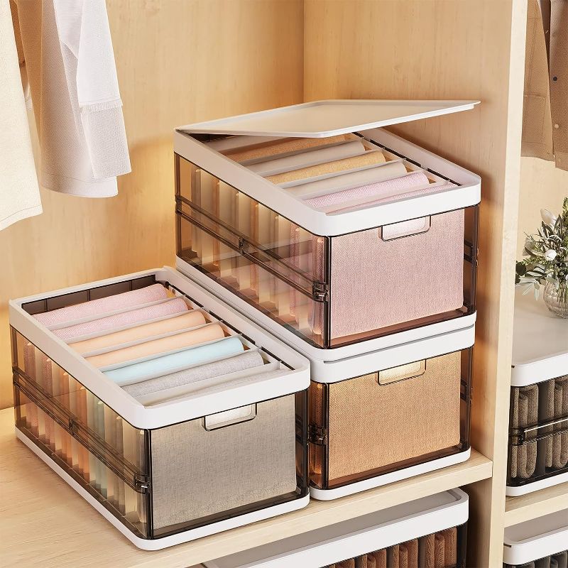 Photo 1 of  4 Pack Wardrobe Clothes Organizer Acrylic Stackable Cloth Storage Organizer 9 Grids Pull Out Drawer Pack of 4