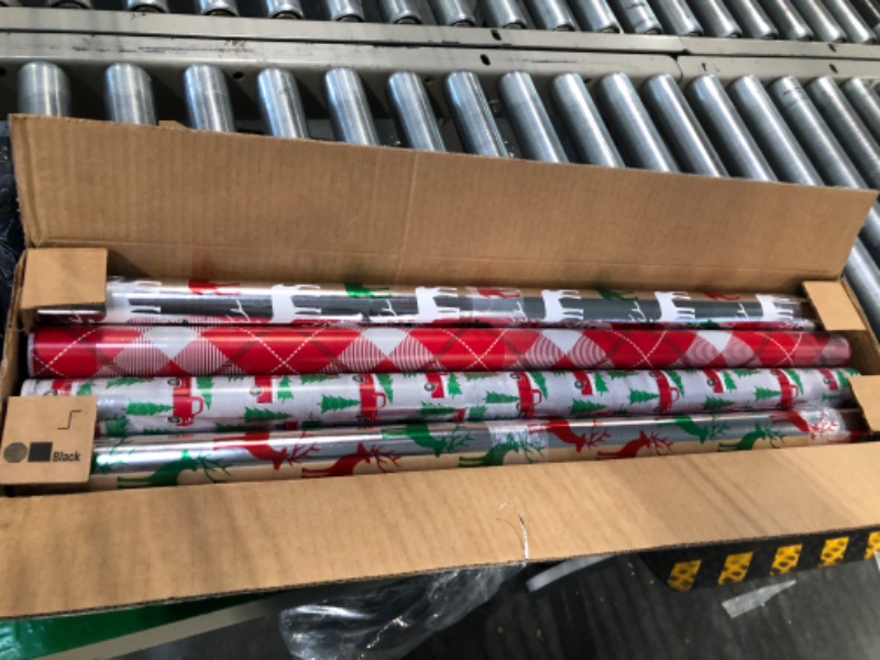 Photo 3 of American Greetings Christmas Foil Reversible Wrapping Paper, 1, Stripes, Dots, Plaids, Reindeer, Trucks, Lettering