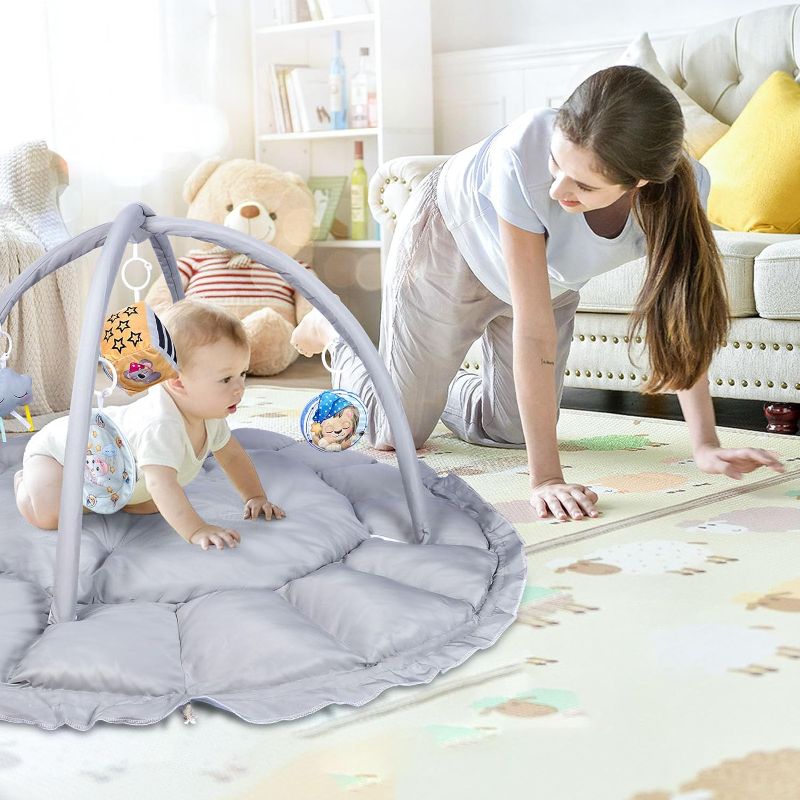 Photo 1 of 5-in-1 Convertible Baby Play Gym with 6 Toys, Tummy Time Mat for Sensory Development, Baby Activity Center from Newborn to Toddler, Ball Pit, Cat & Dog Bed, Soft Plush Pet Bed, No Ball Included