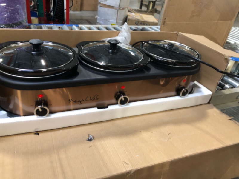 Photo 1 of Megachef Triple 2.5 Quart Slow Cooker and Buffet Server in Brushed Copper and Black Finish with 3 Ceramic Cooking Pots and Removable Lid Rests