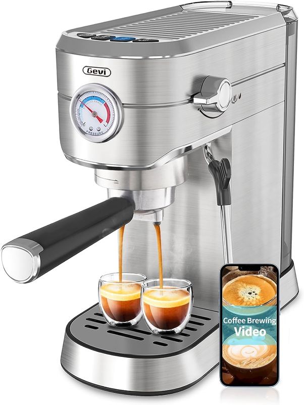 Photo 1 of Gevi 20 Bar Compact Professional Espresso Coffee Machine with Milk Frother/Steam Wand for Espresso, Latte and Cappuccino, Stainless Steel, 35 Oz Removable Water Tank