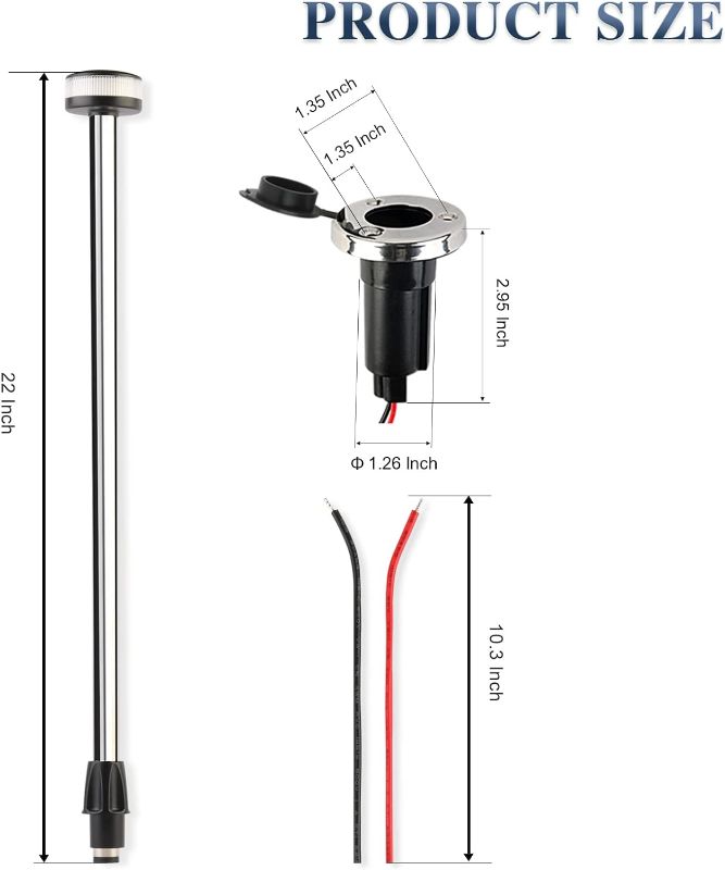 Photo 1 of Besramtic Stern Light Boat Anchor Light Marine All Round White LED Removable 2 Pin Plug in Base USCG 2 NM 12 Volts 22 Inches