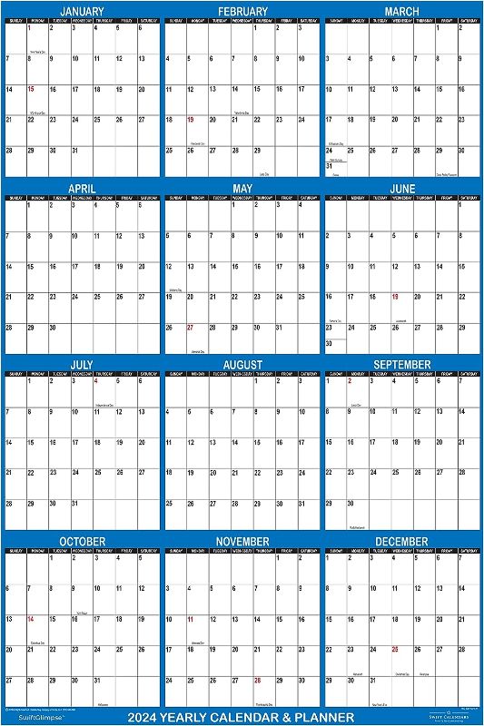 Photo 1 of 32" x 48" SwiftGlimpse 2024 Wall Calendar Erasable Large Wet & Dry Erase Laminated 12 Month Annual Yearly Wall Planner, Reversible, Horizontal/Vertical, Navy