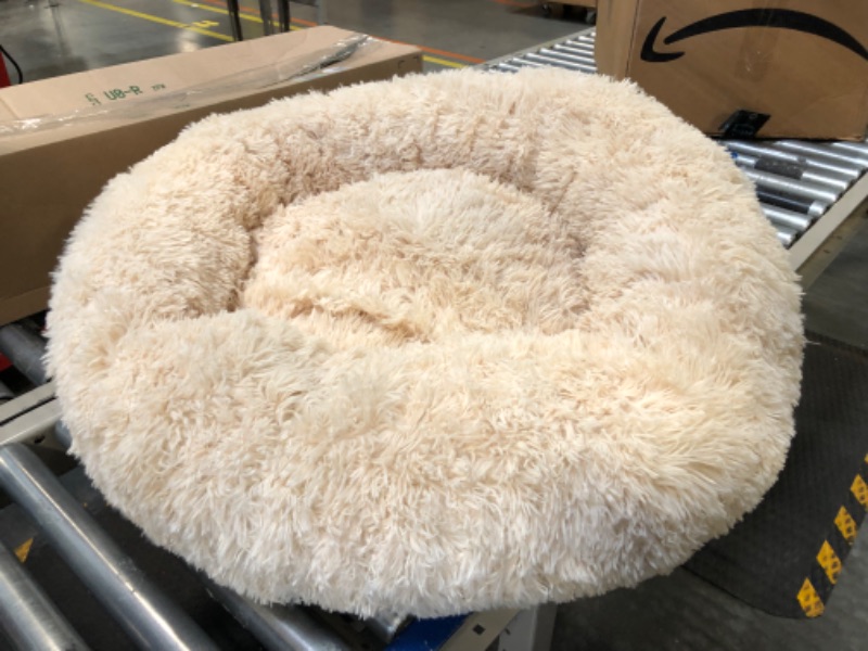 Photo 2 of Active Pets Plush Calming Donut Dog Bed - Anti Anxiety Bed for Dogs, Soft Fuzzy Comfort - for Medium Dogs, Fits up to 45lbs, 30" x 30" (Medium, Beige)
