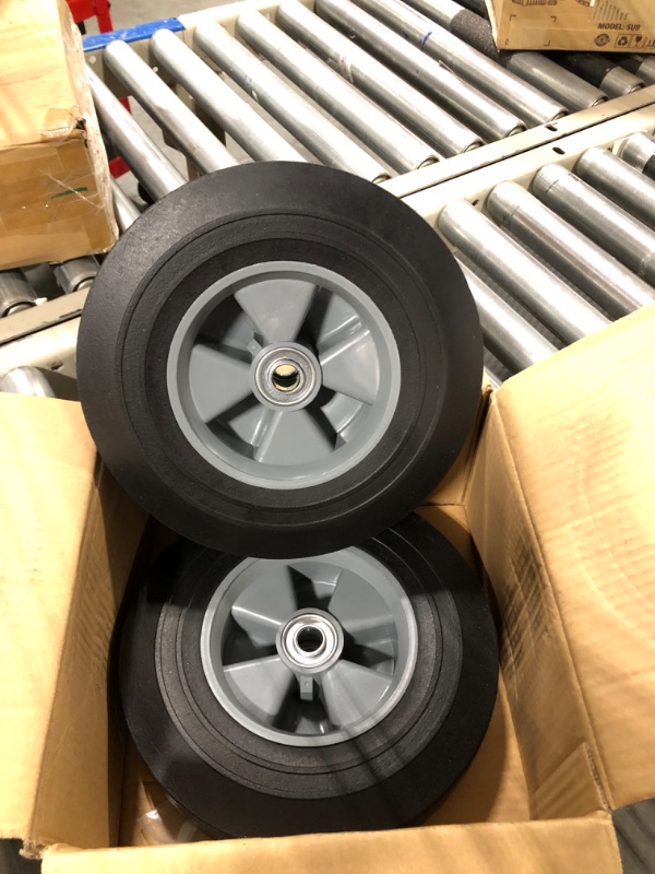Photo 3 of GICOOL 10" x 2.5" Flat-Free Solid Rubber Tire and Wheel 5/8" Axle Bore Hole, 2 1/4" Offset Hub, Replacement 4.10/3.50-4" for Hand Truck Dolly Trolley Garden Wagon Cart Generator, 2 Pack 10" , Bore Dia.5/8" Plastic Rims