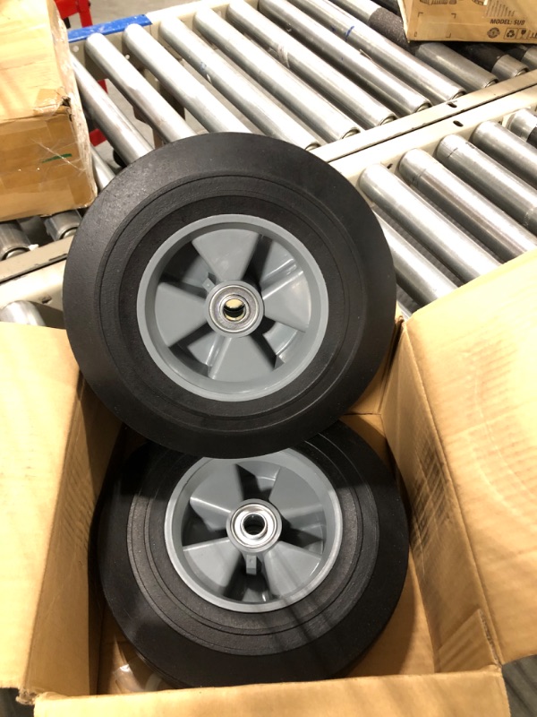 Photo 1 of GICOOL 10" x 2.5" Flat-Free Solid Rubber Tire and Wheel 5/8" Axle Bore Hole, 2 1/4" Offset Hub, Replacement 4.10/3.50-4" for Hand Truck Dolly Trolley Garden Wagon Cart Generator, 2 Pack 10" , Bore Dia.5/8" Plastic Rims