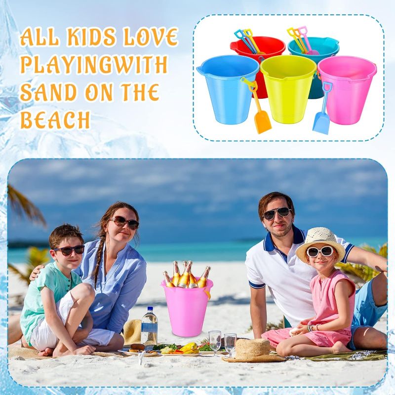 Photo 1 of Didaey 12 Pack 9 Inch Large Sand Bucket with Shovel Beach Bucket Toys for Kids Use for Sand Molds at The Sandbox Plastic Bucket with Handles for Summer Beach Party Favors