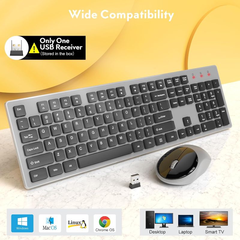 Photo 1 of Wireless Keyboard and Mouse, Trueque Silent 2.4GHz Cordless Full Size USB Mouse Combo, Long Battery Life, Lag-Free for Computer, Laptop, PC, Windows, Mac, Chrome OS (Gray)